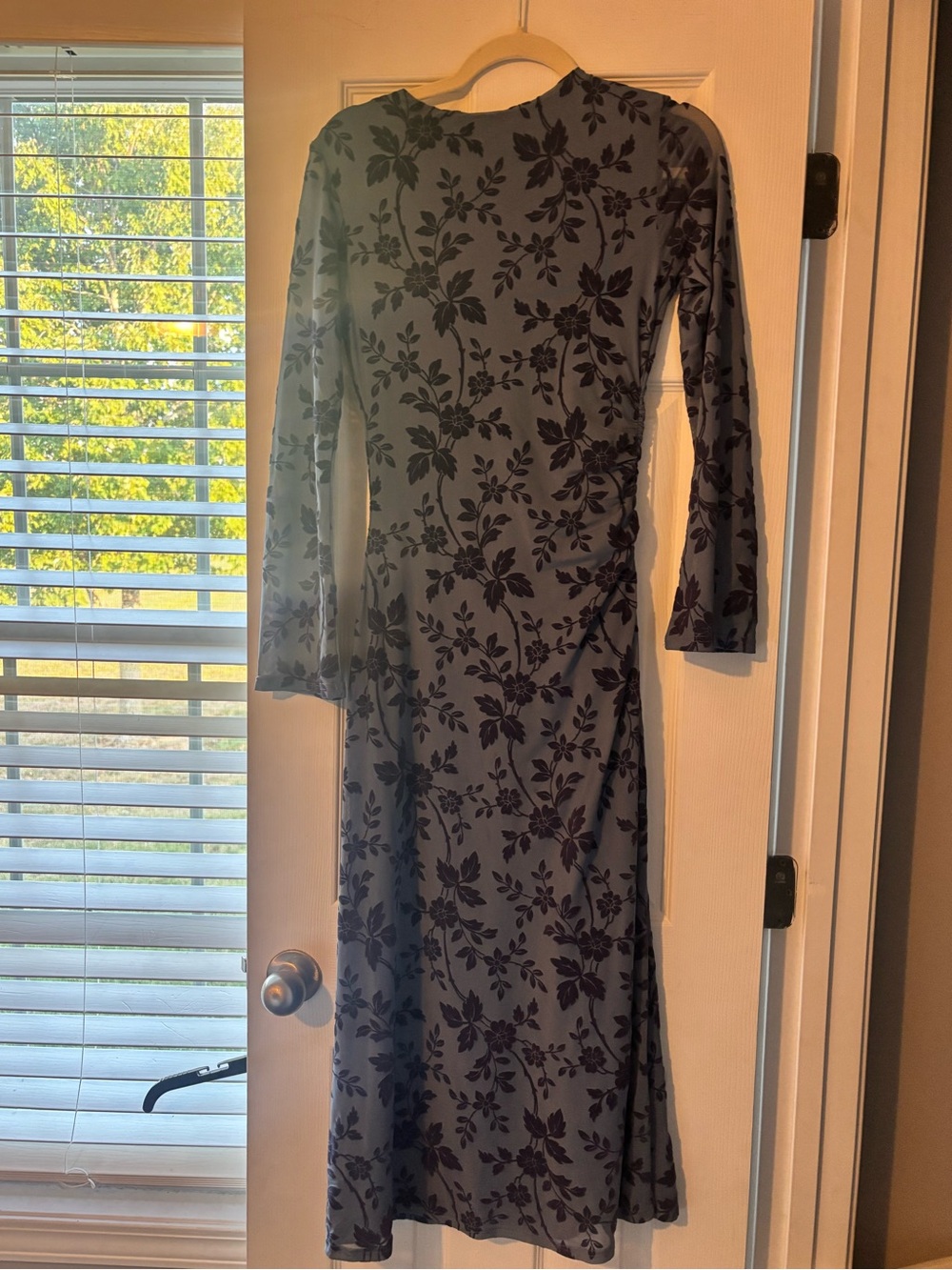 Long-Sleeve Floral Midi Dress in Gray with Black Print